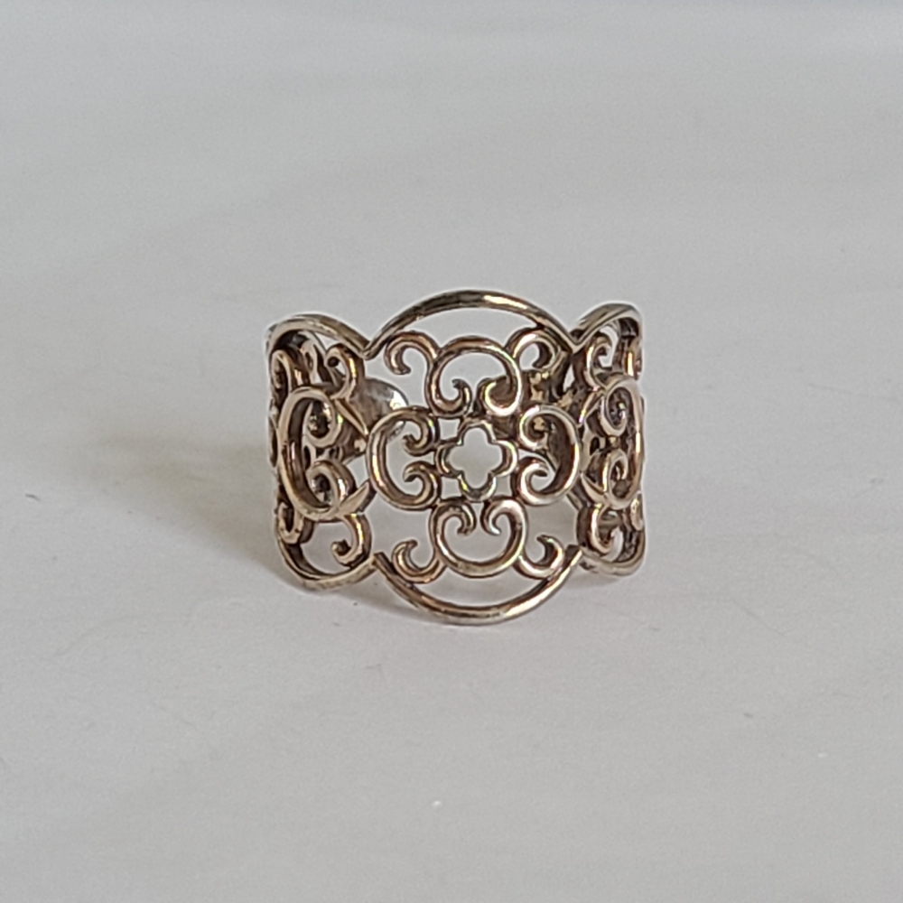Vintage Victorian Sterling Silver Filigree Swirls Wide Cigar Ring Adjustable